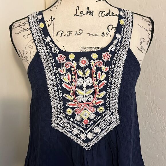 Anthropologie Maeve Tisa Blue Boho Embroidered Pullover Swing Dress Cottagecore - Picture 6 of 14